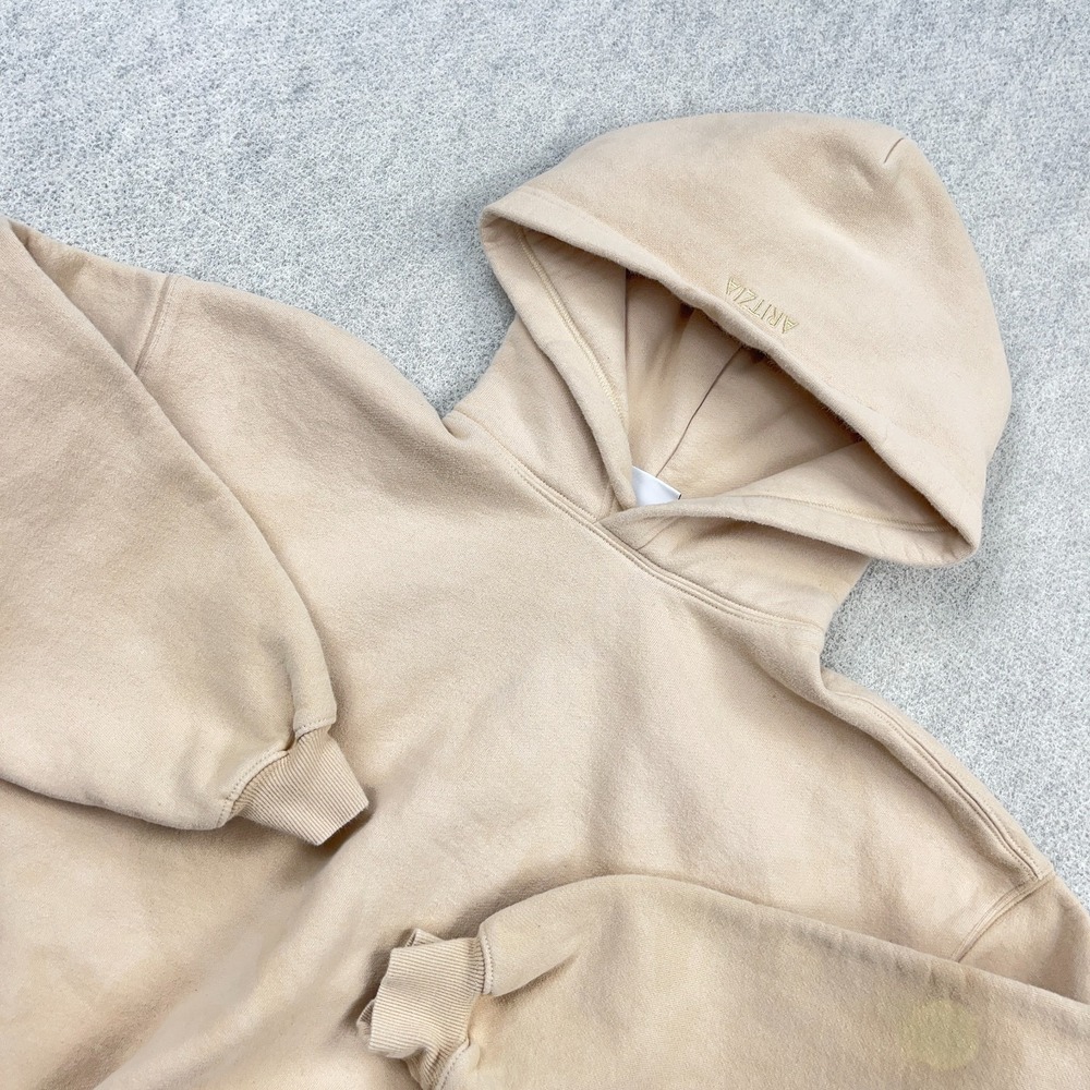 Aritzia Sweat Fleece Hoodie Womens Size 1 Tan Cozy Fleece Mega Fit STAINS - Picture 4 of 13